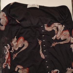 Long sleeve lace button up dragon print top